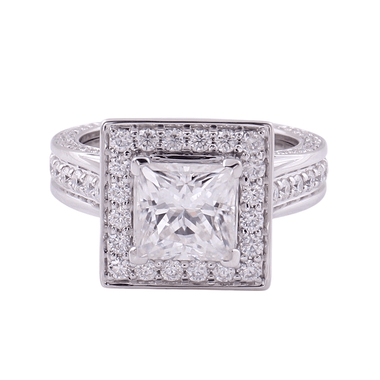 Princess Cut Moissanite Halo Triple Pavé Twisted Band Platinum Ring