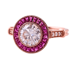 Round Cut White Moissanite with Trapezoid Pink Moissanite Halo with Milgrain and Side Stones Rose Gold Ring