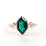 Hexagon Green Emerald with White Moissanite Side Stones Yellow Gold Ring