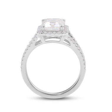 Emerald Cut Moissanite Halo Pave Split Band White Gold Ring