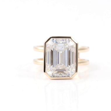 Emerald Cut Moissanite Double Band Yellow Gold Solitaire Ring