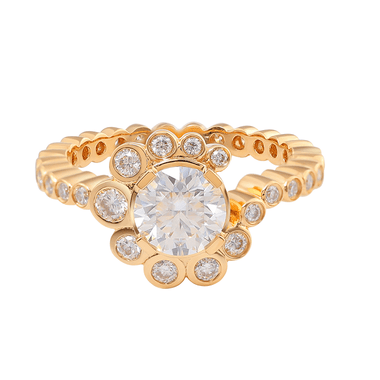 Round Brilliant Cut Moissanite with Round Moissanite Halo Eternity Band Yellow Gold Ring