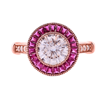 Round Cut White Moissanite with Trapezoid Pink Moissanite Halo with Milgrain and Side Stones Rose Gold Ring