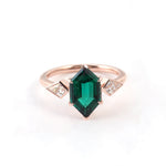 Hexagon Green Emerald with White Moissanite Side Stones Yellow Gold Ring