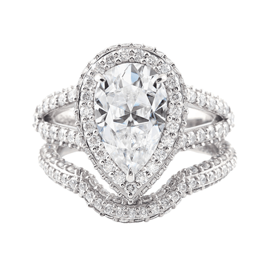 Pear Cut Moissanite Halo with Split Pavé Platinum Ring with Pavé Platinum Band Set