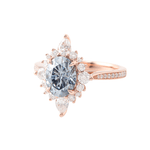 Oval Cut Grey-Blue Moissanite with Round and Oval Side Stones Pavé Rose Gold Ring