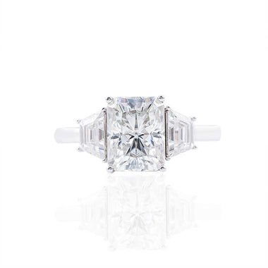 Radiant Cut Moissanite with Trapezoid Side Stones White Gold Ring