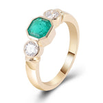 Asscher Green Emerald with Two White Moissanite Yellow Gold Ring