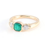 Asscher Green Emerald with Two White Moissanite Yellow Gold Ring