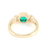 Asscher Green Emerald with Two White Moissanite Yellow Gold Ring