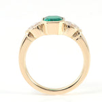 Asscher Green Emerald with Two White Moissanite Yellow Gold Ring