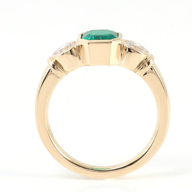 Asscher Green Emerald with Two White Moissanite Yellow Gold Ring