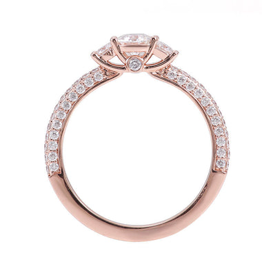 Round Cut Moissanite with Round Side Stones Triple Pave Rose Gold Ring