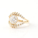 Round Cut Moissanite with Small Moissanite Accent Stones Split Band Yellow Gold Ring