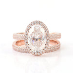 Oval Cut Moissanite Halo Triple Pavé Rose Gold Ring with Eternity Band