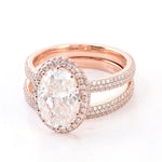 Oval Cut Moissanite Halo Triple Pavé Rose Gold Ring with Eternity Band