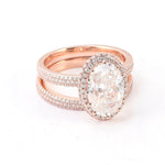 Oval Cut Moissanite Halo Triple Pavé Rose Gold Ring with Eternity Band