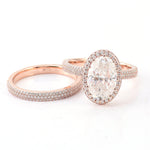 Oval Cut Moissanite Halo Triple Pavé Rose Gold Ring with Eternity Band