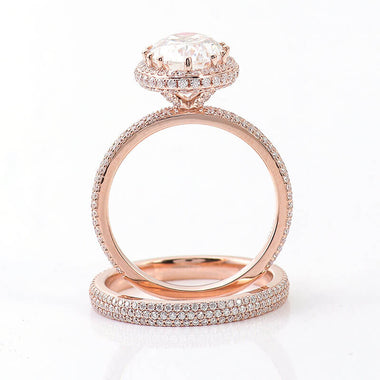 Oval Cut Moissanite Halo Triple Pavé Rose Gold Ring with Eternity Band