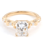 Radiant Cut Moissanite with Round Accent Stones and Hidden Halo Milgrain Yellow Gold Ring